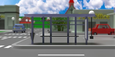 Cartoon bus station downtown concept. Shelter over bench background. 3d illustration