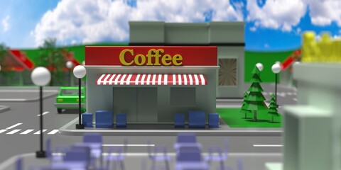 Cartoon street cafeteria downtown concept. Closed coffee shop background. 3d illustration