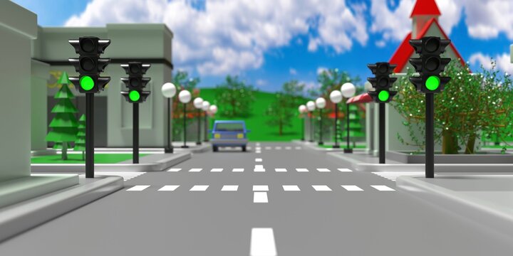 Cartoon green traffic lights downtown concept. Illuminated traffic signal background. 3d illustration