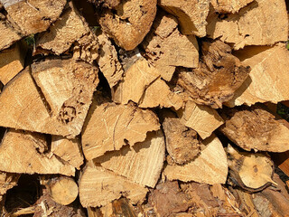 close up view of freshly cut firewood log timber stacked for winter