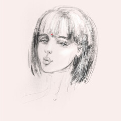 Hand drawn pencil sketch with face of a girl. Female portrait.