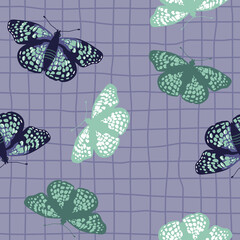 Vector seamless pattern with bright retro butterflies. Hand-drawn texture design