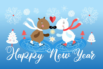 Festive new year card with loving bears on a blue