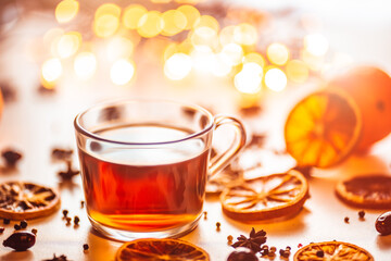 winter hot tea with dry fruits - obrazy, fototapety, plakaty