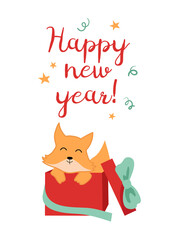 Happy new year greeting card with fox in gift box. Vector holiday illustration.