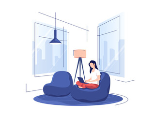 Vector illustration depicting a young girl in a modern interior using a laptop while sitting in a home chair
