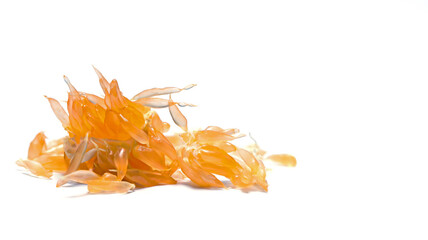Peeled tangerine, isolated on white ground, macro closeup.