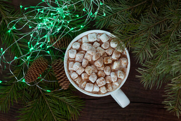 Obraz na płótnie Canvas Close up view of cup of cocoa with marshmallows, garland, cones and fir branches