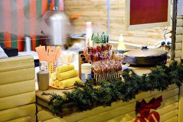 Fastfood outdoor Christmas market, street food in Saint-Petersurg, Russia