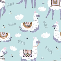 Seamless pattern with llama, cactus, rainbow and hand drawn elements. Creative childish texture. Great for fabric, textile. Vector illustration.
