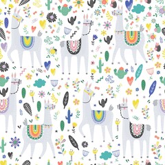 Seamless pattern with llama, cactus, rainbow and hand drawn elements. Creative childish texture. Great for fabric, textile. Vector illustration.
