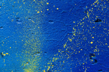 A wall with cracked blue and yellow paint. Grunge background. Empty template and mockup. 