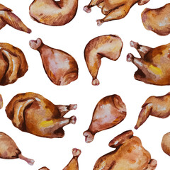 chicken food, hand drawn watercolor isolated seamless pattern on white background. Concept for cards, menu, wallpaper, wrapping paper