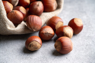 Hazelnuts in shell in pouch on the rustic background. Selective focus.