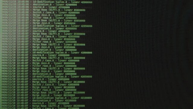 Green computer software code moving on a black monitor. Computer hacking in process, dynamic text running and flowing on pc screen