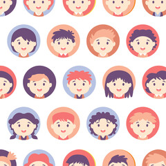 American Teens and kids various avatar. Background with schoolboys and schoolgirls. Kids seamless pattern