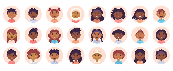 People avatar big bundle set. African American Teens and kids various avatar. Collection of schoolboy and schoolgirl. For video game, Internet forum, account. User pic, human face icons in flat style