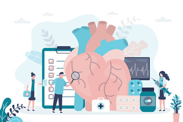 Male character examines heart with magnifying glass. Team of doctors treats cardiovascular system