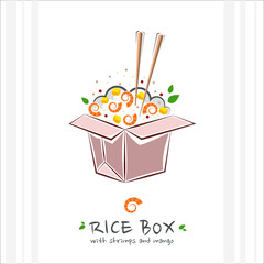 Rice box with shrimps and mango. Healthy food design template. Illustration with takeaway poke bowl. Hawaiian food delivery.