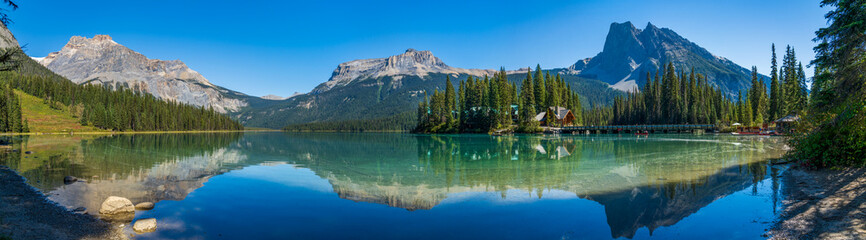 Emerald Lake panorama view in summer sunny day. Michael Peak, Wapta Mountain, and Mount Burgess in...