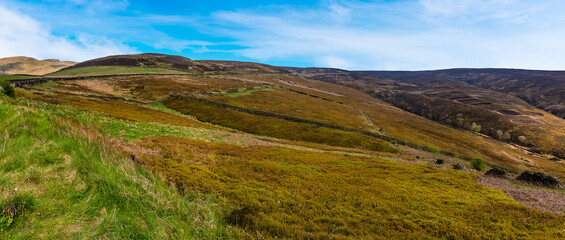 A panorama of the Snake Pass in the Dark Peak in Derbyshire, UK