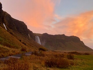 sunset with waterfalls