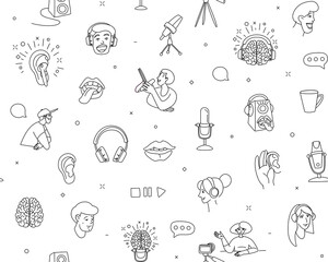 Fototapeta premium Radio host flat vector illustration seamless pattern. Media doodle drawing.