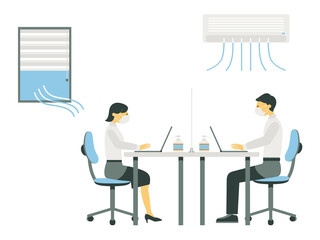 感染対策をしてデスクワークをする男性と女性