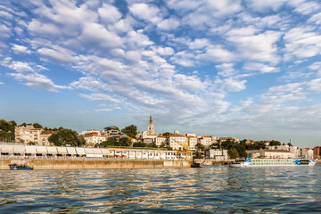 Panoramic image of Belgrade Tourist Nautical Port with Downtown skyline and blue cloudy skies,...