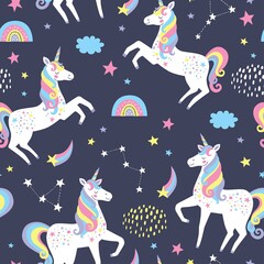 Childish seamless pattern with unicorns. Creative nursery background. Perfect for kids design, fabric, wrapping, wallpaper, textile, apparel

