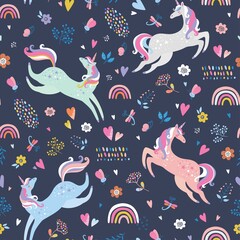Childish seamless pattern with unicorns. Creative nursery background. Perfect for kids design, fabric, wrapping, wallpaper, textile, apparel
