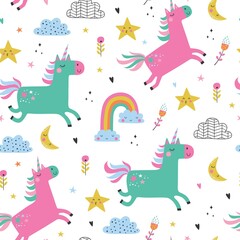 Fototapeta na wymiar Childish seamless pattern with unicorns. Creative nursery background. Perfect for kids design, fabric, wrapping, wallpaper, textile, apparel 