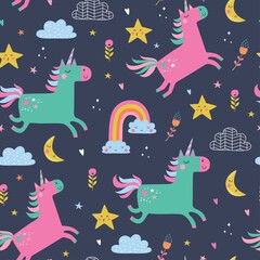 Childish seamless pattern with unicorns. Creative nursery background. Perfect for kids design, fabric, wrapping, wallpaper, textile, apparel
