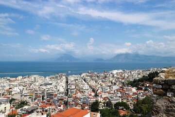 panoramic view of the city of Patras in Greece with the rocks of Gulf of Corinth on the background