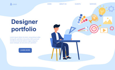 Male character is making designer portfolio on laptop. Man is assembling his works projects in one document. Concept of online portfolio. Flat cartoon vector illustration. Website, webpage template
