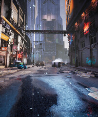 A cyber punk city. A night cinematic scene from a 3D rendered alley with atmospheric environment and lights. 