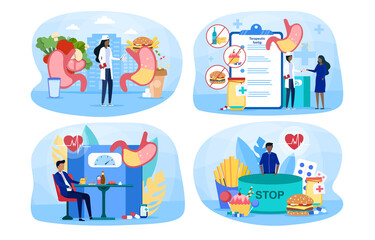 Set of cartoons with people suffering from overeating problem. Concept of obesity and unhealthy lifestyle leading to vascular diseases and diabetes. Flat cartoon vector illustration