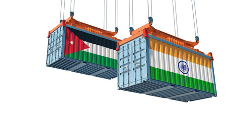 Freight containers with Jordan and India national flags. 3D Rendering 