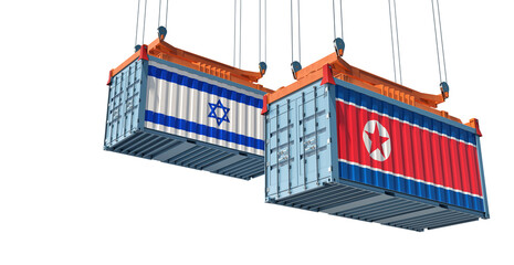 Freight containers with Israel and North Korea national flags. 3D Rendering 