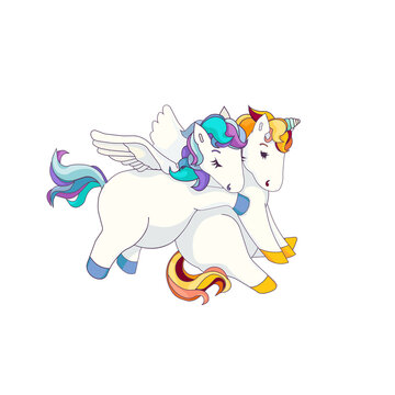 Cute Pegasus is hugging sad Unicorn, isolated Pegasus and Unicorn on white isolated background, vector Unicorn and Pegasus in Cartoon style, concept of Love, Friendship, Valentine-s Day and Fairytales