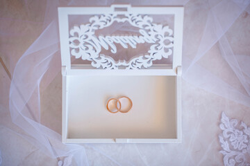 Two golden wedding rings. Close-up view of white golden wedding rings in a box