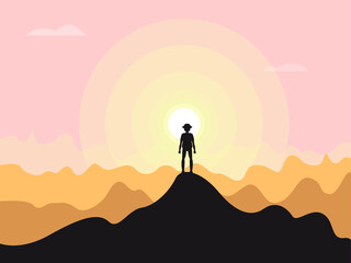 Vector illustration-solo traveler on top of a mountain on the background of a beautiful sunrise and space to copy. The concept of freedom
