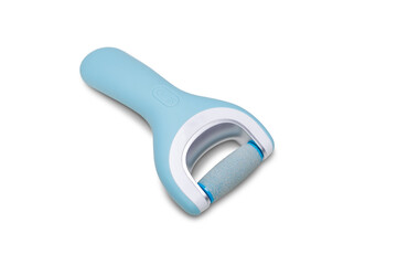 Electric feet file, foot care tool, top view on white background.