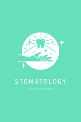 Linear tooth icon with sunlight and stars. Vector trendy logo of hand with white tooth symbol for dentistry clinic or dentist medical center and toothpaste package. Minimal stomatology logo and emblem