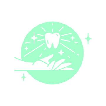 Linear tooth icon with sunlight and stars. Vector trendy logo of hand with white tooth symbol for dentistry clinic or dentist medical center and toothpaste package. Minimal stomatology logo and emblem