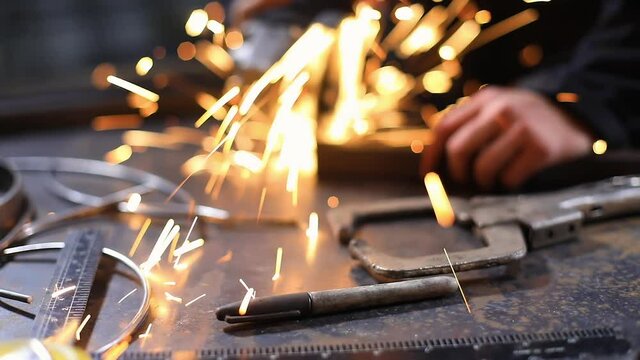 Selective focus of blacksmith tools like clamp, ruler, magnet, marker pen on workspace station while woman using grinder machine on iron rod