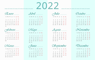 Spanish 2022 Calendar illustration. Week starts on Monday. Horizontal poster, banner, web