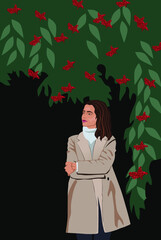 The thoughtful and beautiful girl is sitting under the tree. Vector illustration
