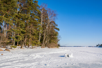 View to the frozen Gulf of Finland ans shore of Buguholm Island, Espoo, Finland