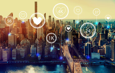 Get more likes concept with the New York City skyline near midtown
